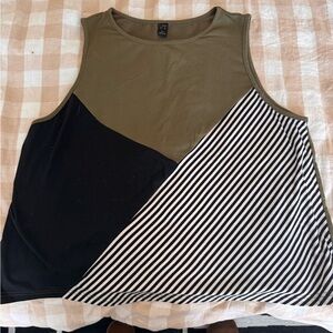 Tri-Panel Sleeveless Tank Top — Olive, Black & Striped